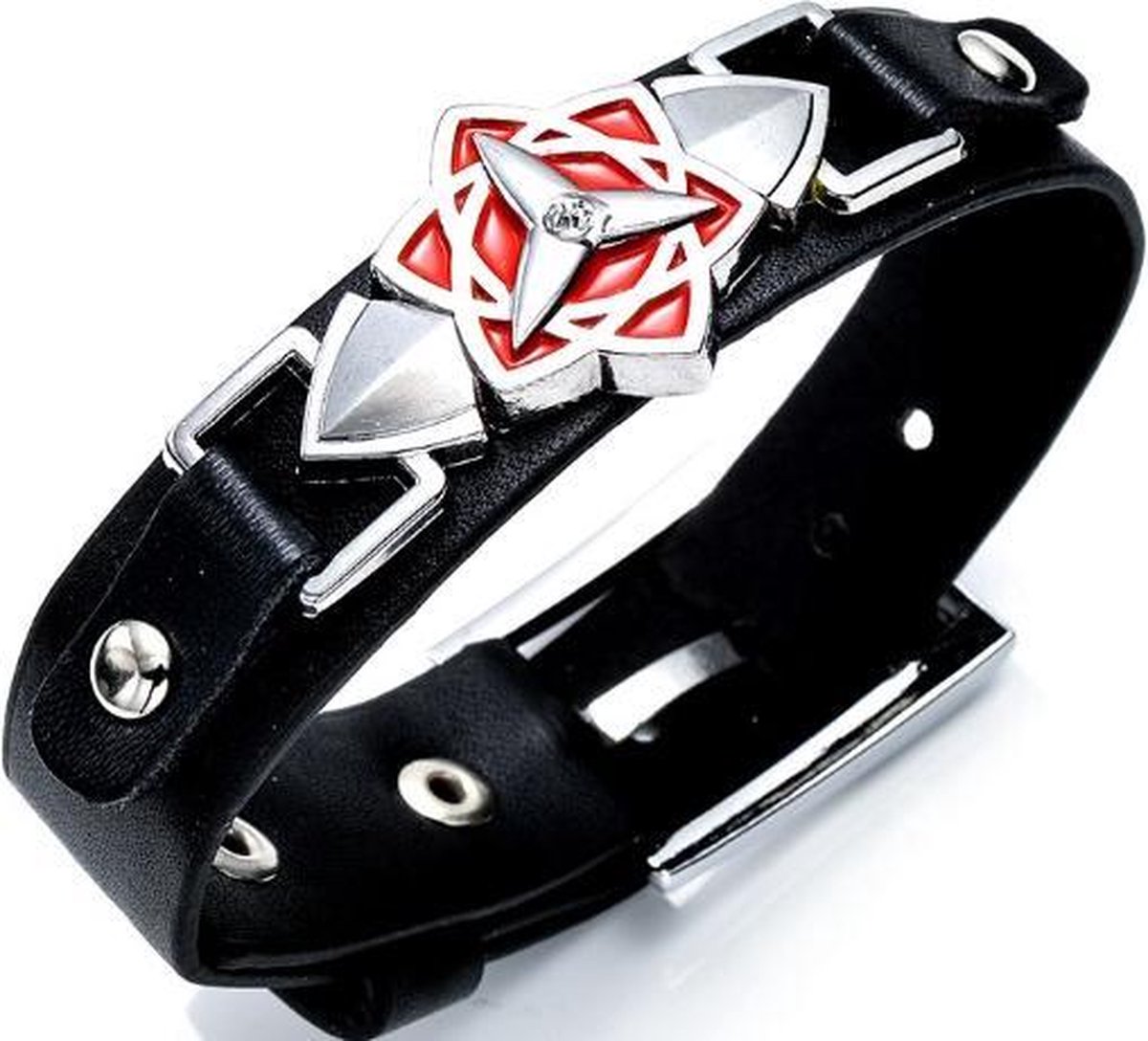 BY-ST6 - leren jongens armband - kinder armband - zwart/zilver/rood - met RVS symbool – verstelbaar