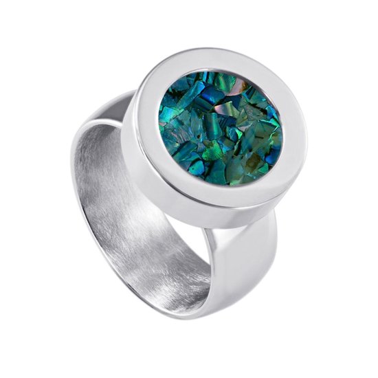 Quiges RVS Schroefsysteem Ring Zilverkleurig Glans 18mm met Verwisselbare Blauwe Vlokjes Schelp 12mm Mini Munt