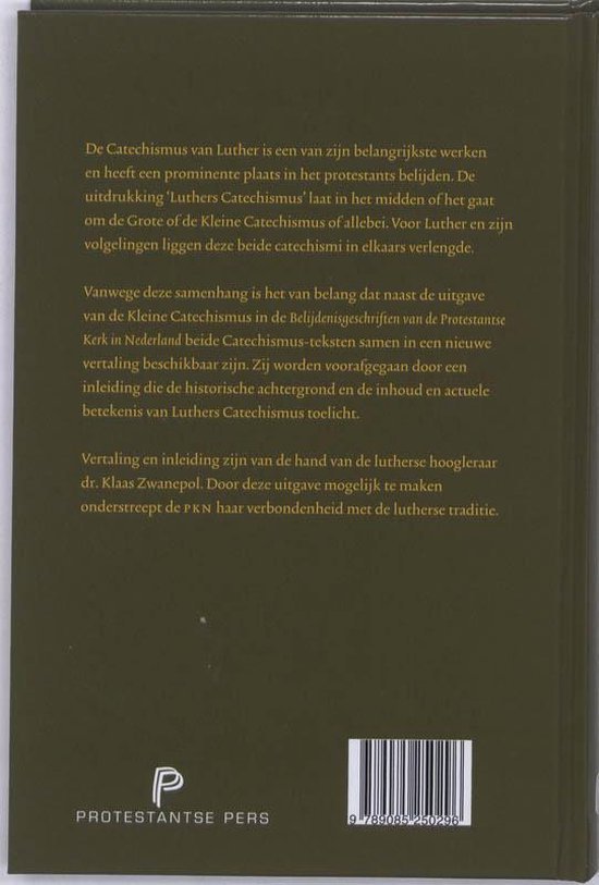 Achterkant van een boek met tekst over Luthers Catechismus, een logo en een streepjescode.