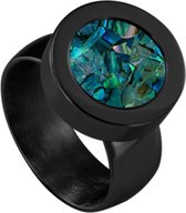 Quiges RVS Schroefsysteem Ring Zwart Glans 19mm met Verwisselbare Blauwe Vlokjes Schelp 12mm Mini Munt