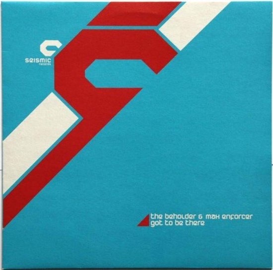 Platenhoes met blauwe achtergrond en een abstract rood-wit ontwerp met 'seismic records' logo.