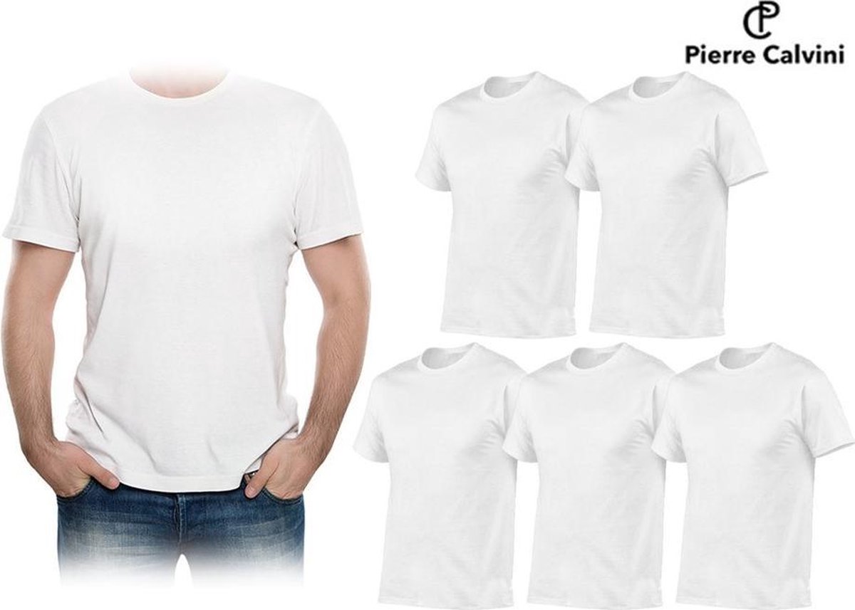 Pierre Calvini - T-Shirts - 5 pack - Ronde Hals - Wit - Maat S