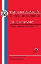 Boek "Notes from Underground" van F.M. Dostojevsky, met rode omslag en Russische studies logo.