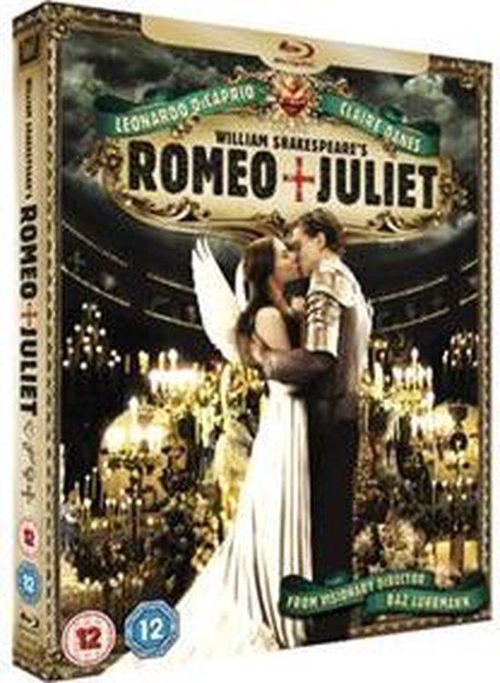 Blu-ray hoes van William Shakespeare's Romeo + Juliet met Leonardo DiCaprio en Claire Danes, die elkaar kussen in een witte jurk en harnas.