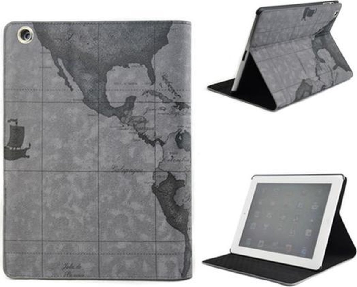 iPad Mini 1, 2, 3 - Design Smart Book Case hoesje Bookcase Cover - Map WereldHoes Kaart Grijs / World Hoes Kaart