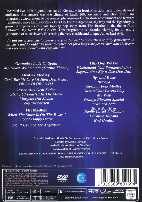 Achterkant van de James Last - Gentleman Of Music DVD met tracklist en productinformatie.
