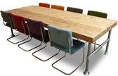 Van Abbevé Set tafel en stoelen Kantinetafel Steigerhout En Steigerbuis Inclusief 8 Retro Rib Stoelen