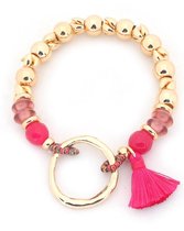 Dielay - Armband Dames - Ring en Kwastje - Elastisch bandje - Goudkleurig en Roze