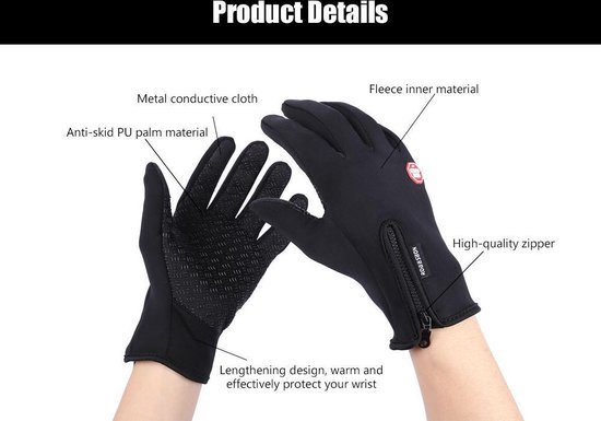 Zwarte handschoenen met anti-slip PU palm, fleece voering, ritssluiting en metalen geleidende stof op de vingertoppen.
