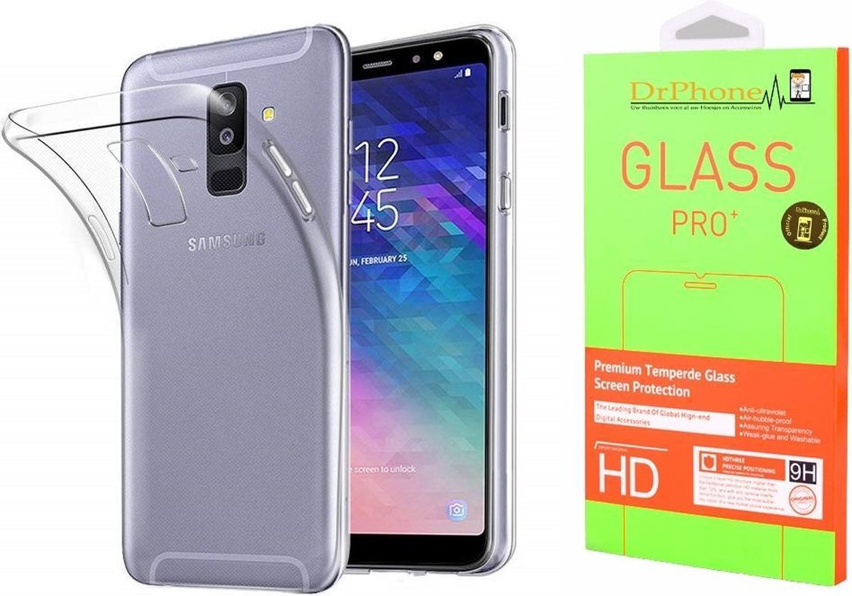 DrPhone Samsung A6+ (Plus) 2018 TPU Hoesje - Transparant Ultra Dun Premium Soft-Gel Case + DrPhone A6+ Plus Glas -