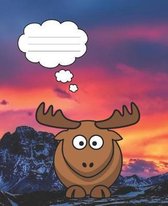 Funny Cartoon Moose on Sunset Mountain Top Cover Blank Composition Wide-ruled line School Notebook