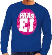 Blauwe Paas sweater met roze paasei - Pasen trui voor heren - Pasen kleding L