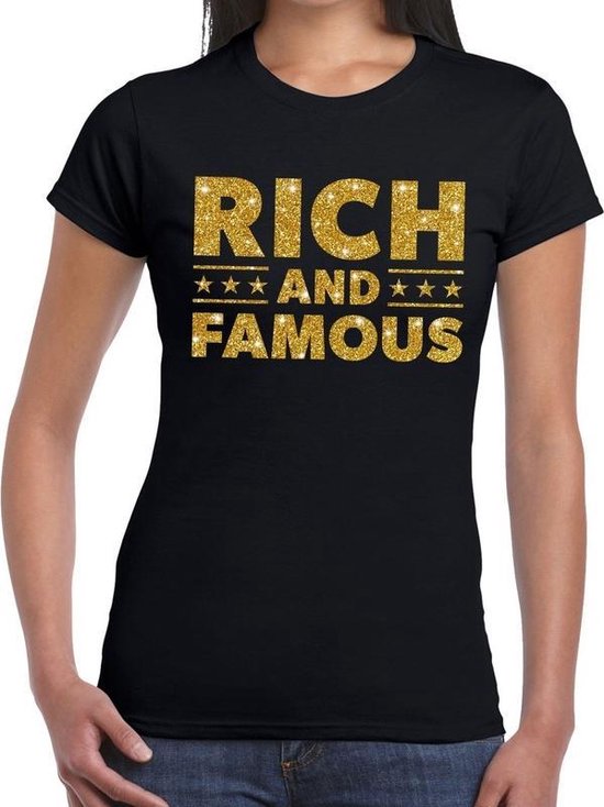 Rich and Famous goud glitter tekst t-shirt zwart voor dames - dames verkleed shirts M