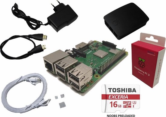 Raspberry Pi 3B+ (2018) starter kit met 16GB, voeding, officiële behuizing, HDMI- & netwerk kabel