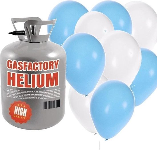 Réservoir d'hélium avec ballons bleus et blancs - Naissance - Gaz