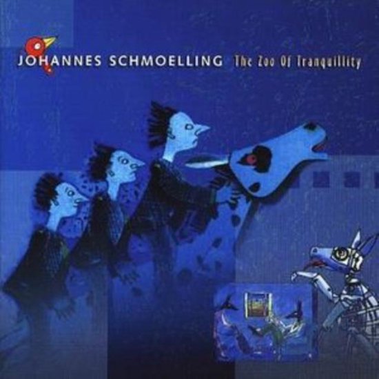 CD-hoes van The Zoo Of Tranquillity door Johannes Schmoelling met blauwe illustratie van mensen en een paard.