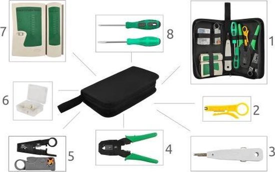 Kit de testeur de réseau - Testeur de câble RJ45 / RJ12 / RJ11 / Cat5 / Cat5e / Cat6 / UTP avec outil de sertissage et outil LSA - Test de connexion téléphonique et Internet - Avec étui de rangement