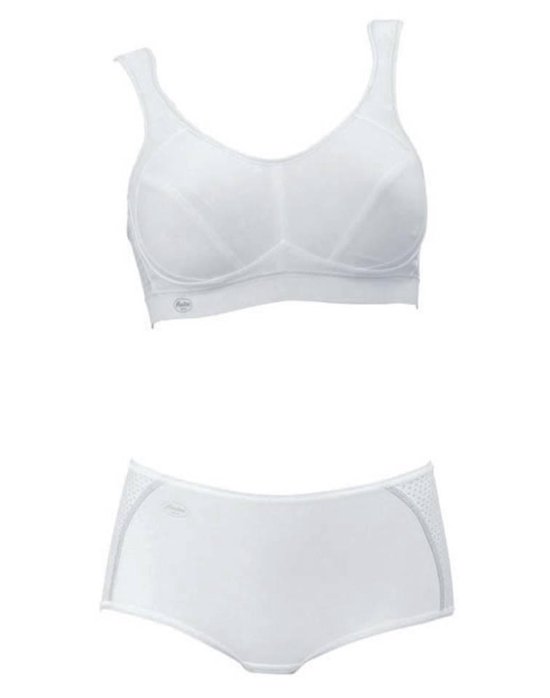 Witte sportbeha en bijpassende slip met grijze accenten.