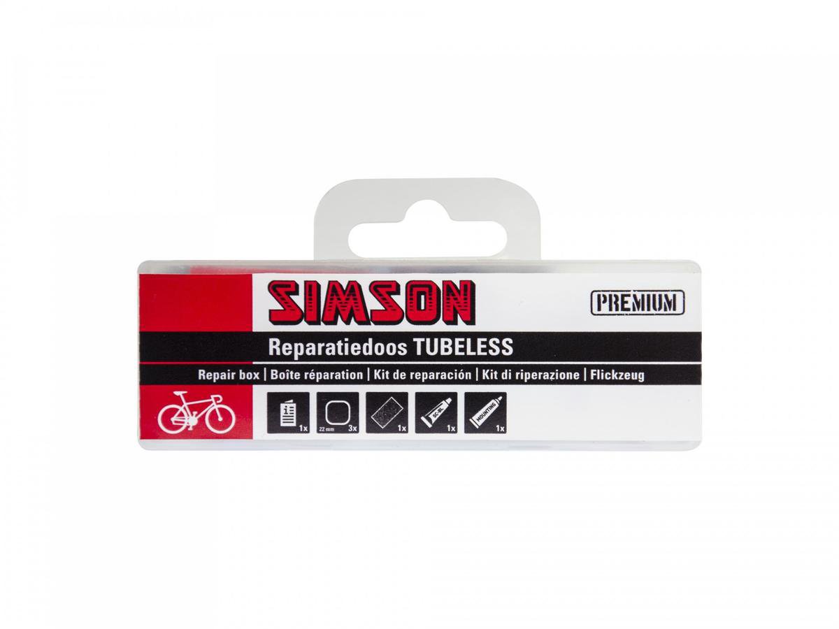 Simson Tubeless reparatiedoos rood met pleisters, blauwe solutie en montagevloeistof voor fietsbanden thumbnail 2