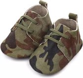 Leren Babyschoenen met Veters en leuke armyprint 0-6 maanden