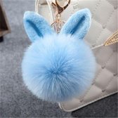 Blauwe Pluizige Bol Pompom Sleutelhanger met Oortjes - Bag charm / Sleutel hanger / Pompom