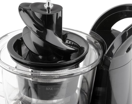 Close-up van de persschroef van een zwarte Princess slowjuicer.