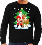 Foute kersttrui / sweater met de kerstman en rendier Rudolf zwart voor heren - Kersttruien 2XL (56)