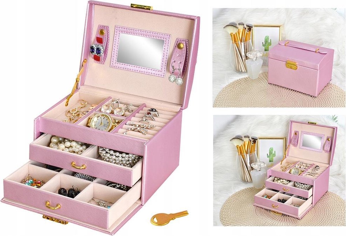 Luxe Sieradenbox Met Spiegel - Bijouteriedoos Opbergbox - Juwelen Opbergdoos - Kunst Leder Roze - AA Commerce