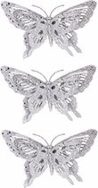 3x Kerstboomversiering zilveren glitter vlinder op clip 15 cm - Kerst decoratie vlinders zilver 3 stuks