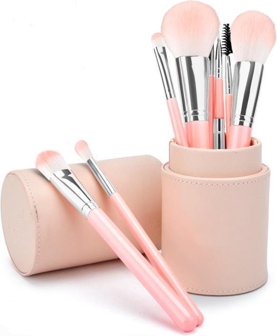 Professionele Make-up Kwastenset - 10 delig – in Lederen Koker – Roze