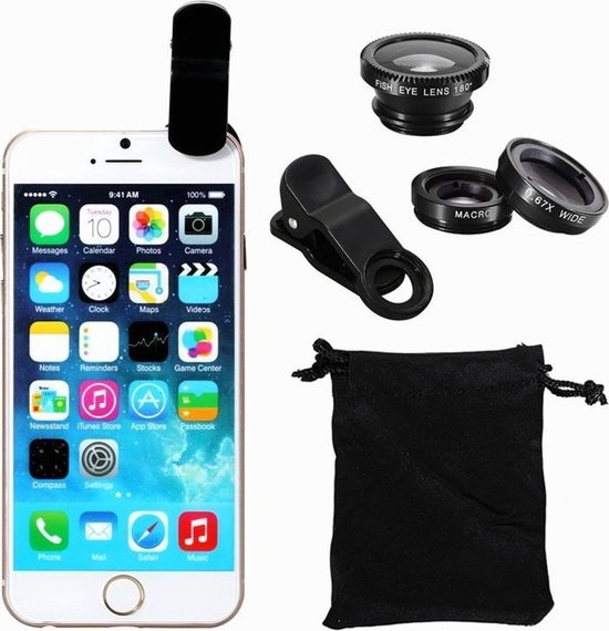 Een smartphone met een clip-on fisheye lens, clip, macro lens, 0.67x wide lens en een opbergzakje.