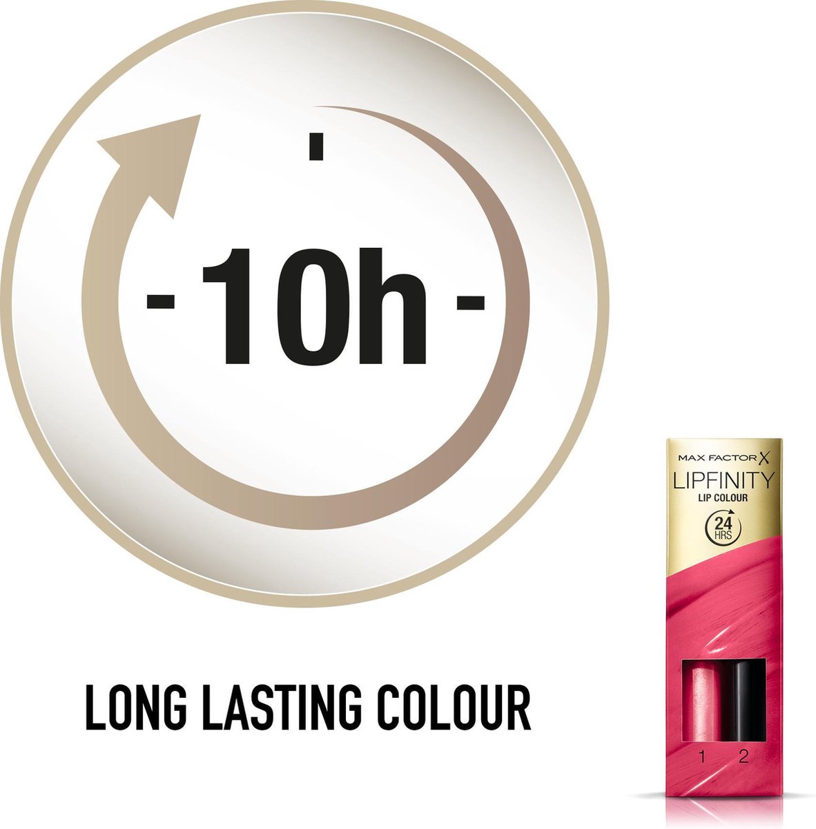 Verpakking Max Factor Lipfinity Lip Colour 24 uur, met twee stappen: lipkleur en top coat. Levendige roze kleur.
