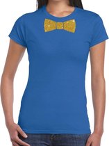 Blauw fun t-shirt met vlinderdas in glitter goud dames L