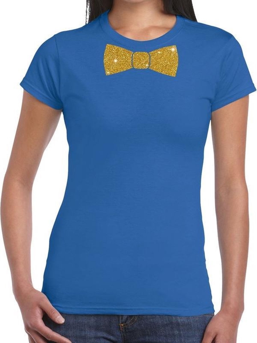 Afbeelding van product Bellatio Decorations  Blauw fun t-shirt met vlinderdas in glitter goud dames L  - maat L