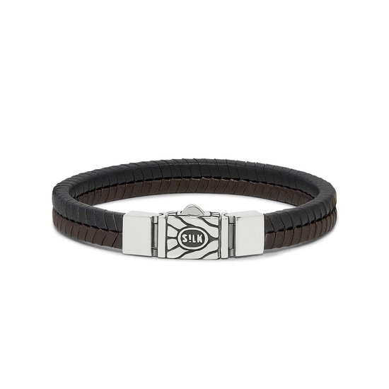 SILK Jewellery - Zilveren Armband - Chevron - 157BBR.19 - bruin/zwart leer - Maat 19