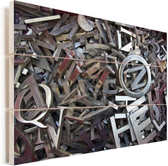 kromme Impasse Reserveren Metalen letters op een stapel Vurenhout met planken 160x120 cm - Foto print  op Hout... | bol.com