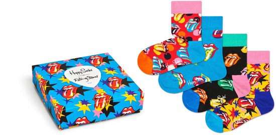 Happy Socks Rolling Stones giftbox met drie paar sokken: blauw, zwart en geel, met tongenprint.