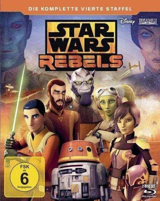 Star Wars Rebels seizoen 4 Blu-ray hoes met de Ghost-crew, Chopper en Thrawn tegen een oranje achtergrond.