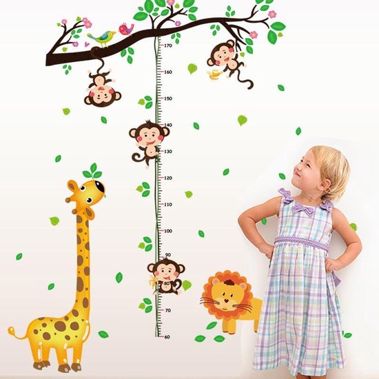 Muursticker groeimeter giraffe-leeuw-aapjes | babykamer - kinderkamer | diertjes - kleurrijk