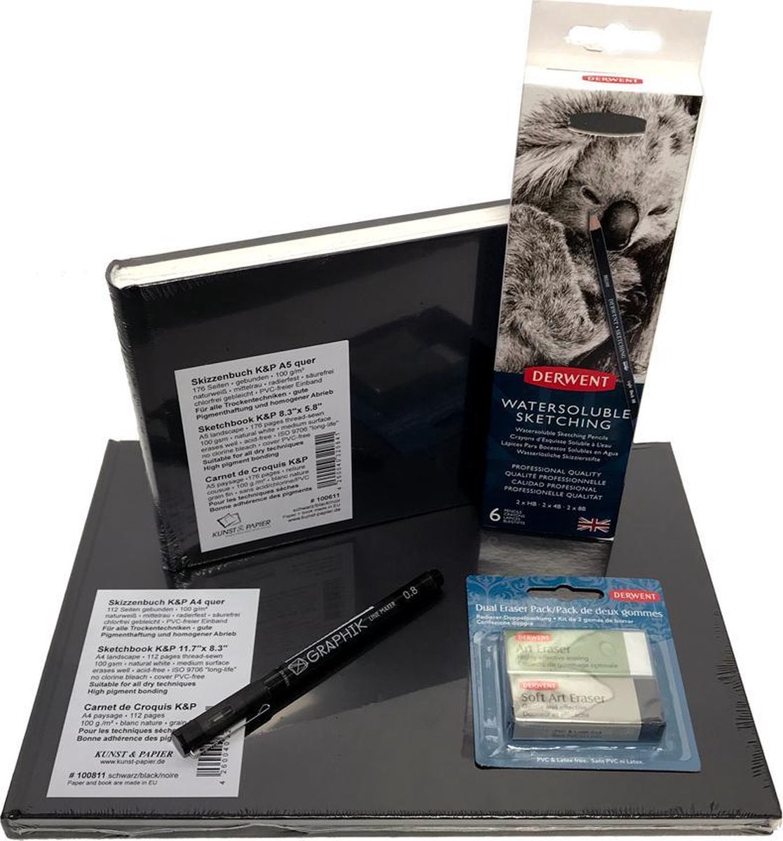 Ultieme Schetsset - Schetspakket met 1x A5 & 1x A4 schetsboek, 1 Derwent Graphic Potlodenset & 1x 0.8mm zwarte fineliner