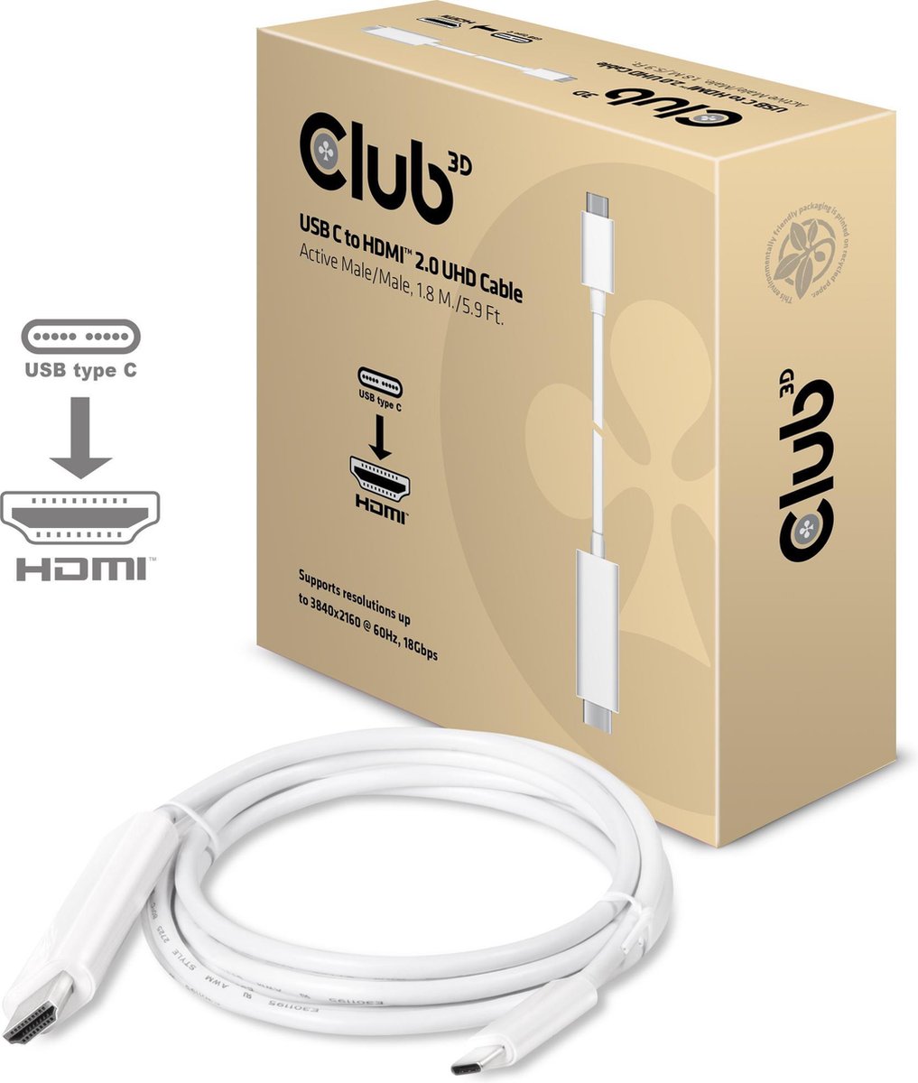 club3D USB / HDMI Aansluitkabel 1.80 m CAC-1514 Wit [1x USB-C 2.0 stekker - 1x HDMI-stekker]