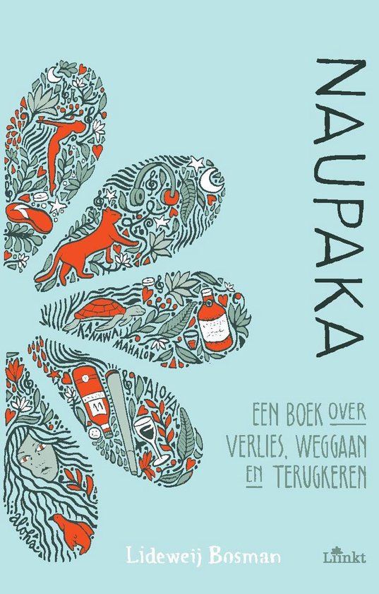 Boekomslag met de titel 'NAUPAKA' en illustraties van figuren en symbolen binnen de vorm van een hand.
