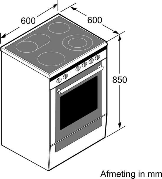 Schematische weergave van een wit fornuis met kookplaat en afmetingen.