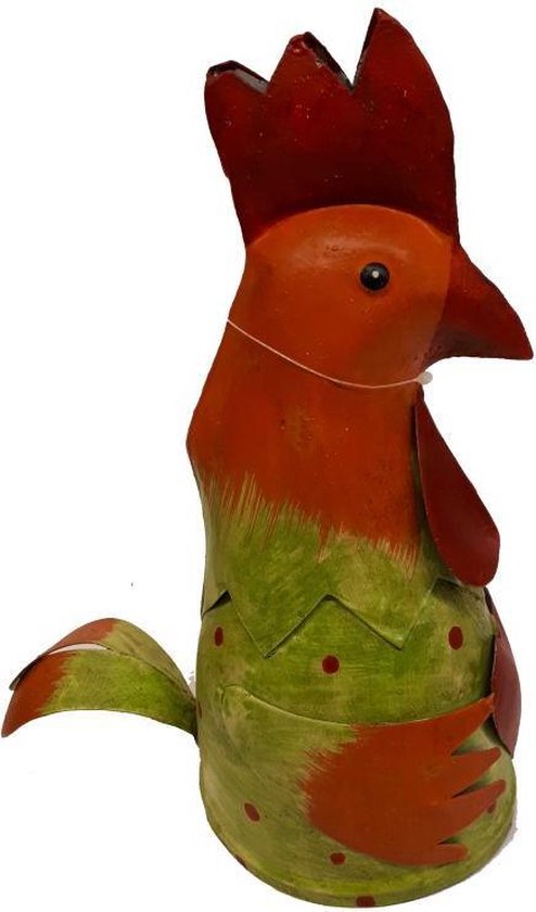 Metalen beeldje kip met hart groen oranje handmade by Varios