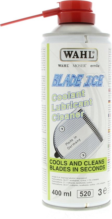 Een spuitbus met WAHL MOSER ermila BLADE ICE Koel- Smeermiddel Reiniger. Koelt bladen onmiddellijk.