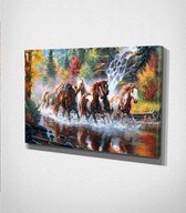 Horses Running Through The Woods - 100 x 70 cm - Dieren - Schilderij - Canvas - Slaapkamer - Wanddecoratie  - Slaapkamer - Foto op canvas