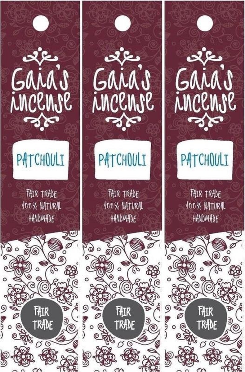 3x Gaias Incense wierook stokjes patchouli geur - Fair Trade - Lichaam in balans - Meditatie/mediteren innerijke rust