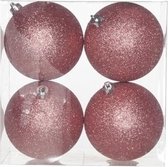 4x Roze kunststof kerstballen 10 cm - Glitter - Onbreekbare plastic kerstballen - Kerstboomversiering roze