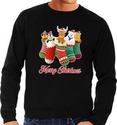 Foute Kersttrui / sweater kerstsokken met diertjes - Merry Christmas - zwart voor heren L (52)