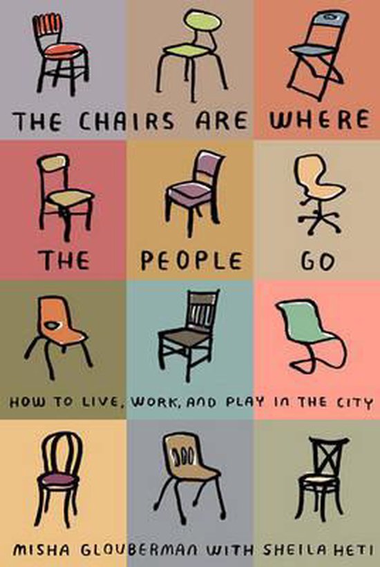 Boekomslag met negen illustraties van stoelen en de titel 'The Chairs Are Where The People Go'.